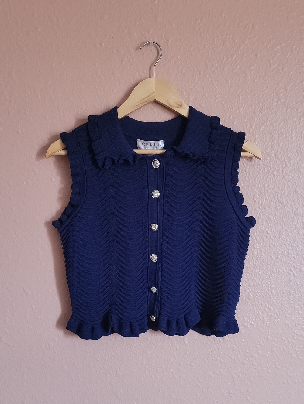 Forward Navy Blue Silver Button Ruffle Knit Vest Sleeveless Top Academia Twee